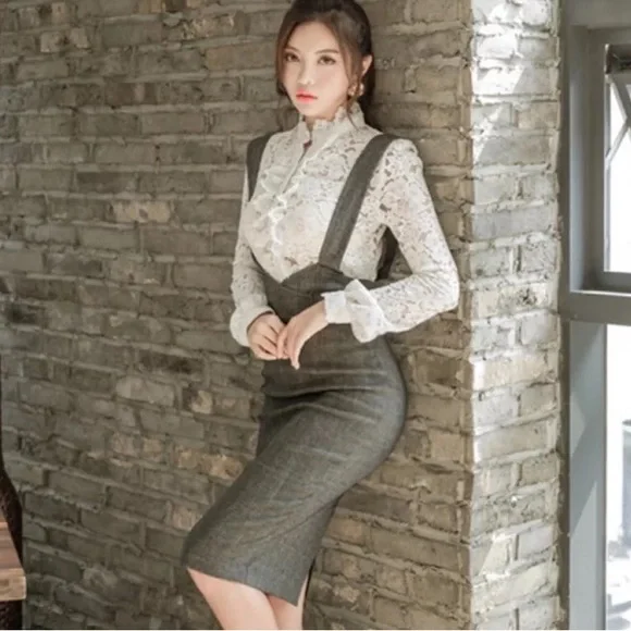 Overall skirt and lace blouse 2PCS SET white gray pencil skirt - Picture 1 of 4
